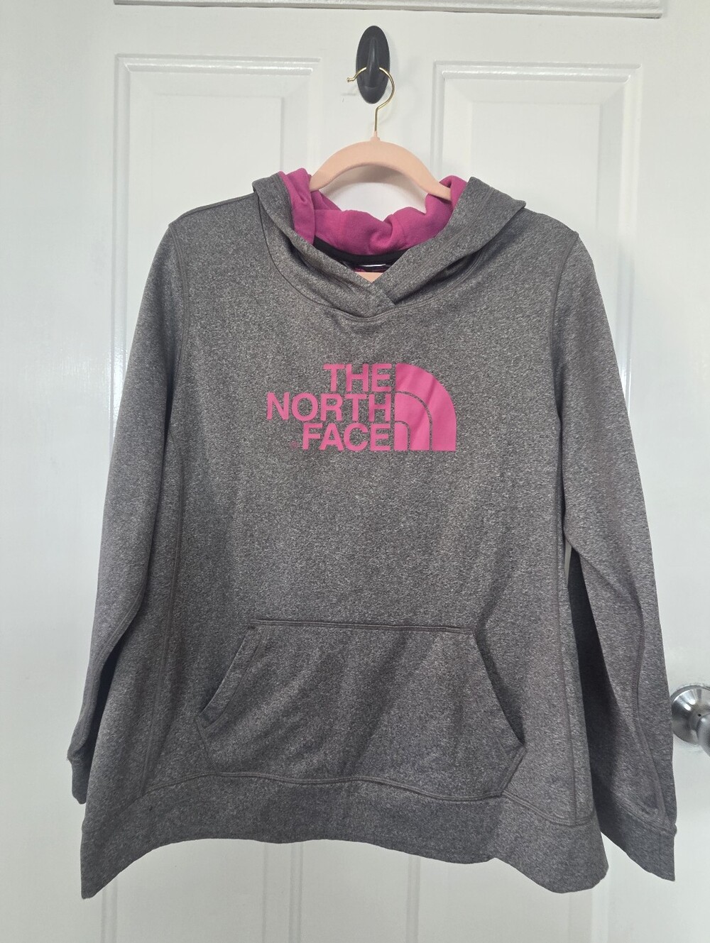 The North Face Gray Hoodie with Pink Logo and Lined Hood womans xl